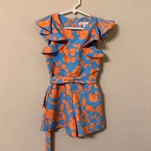 Gb Girls Orange & Blue Floral Ruffle Romper